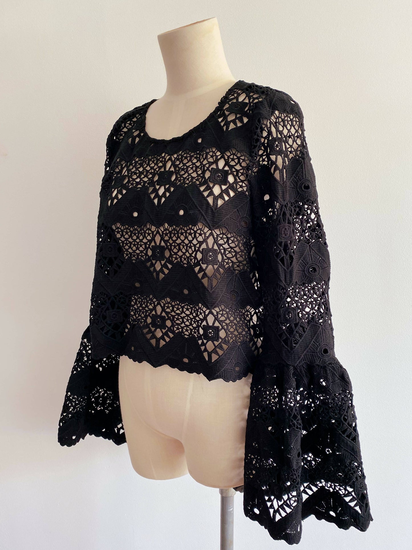 Seed Size 12 Black Lace Bell-Sleeve Top