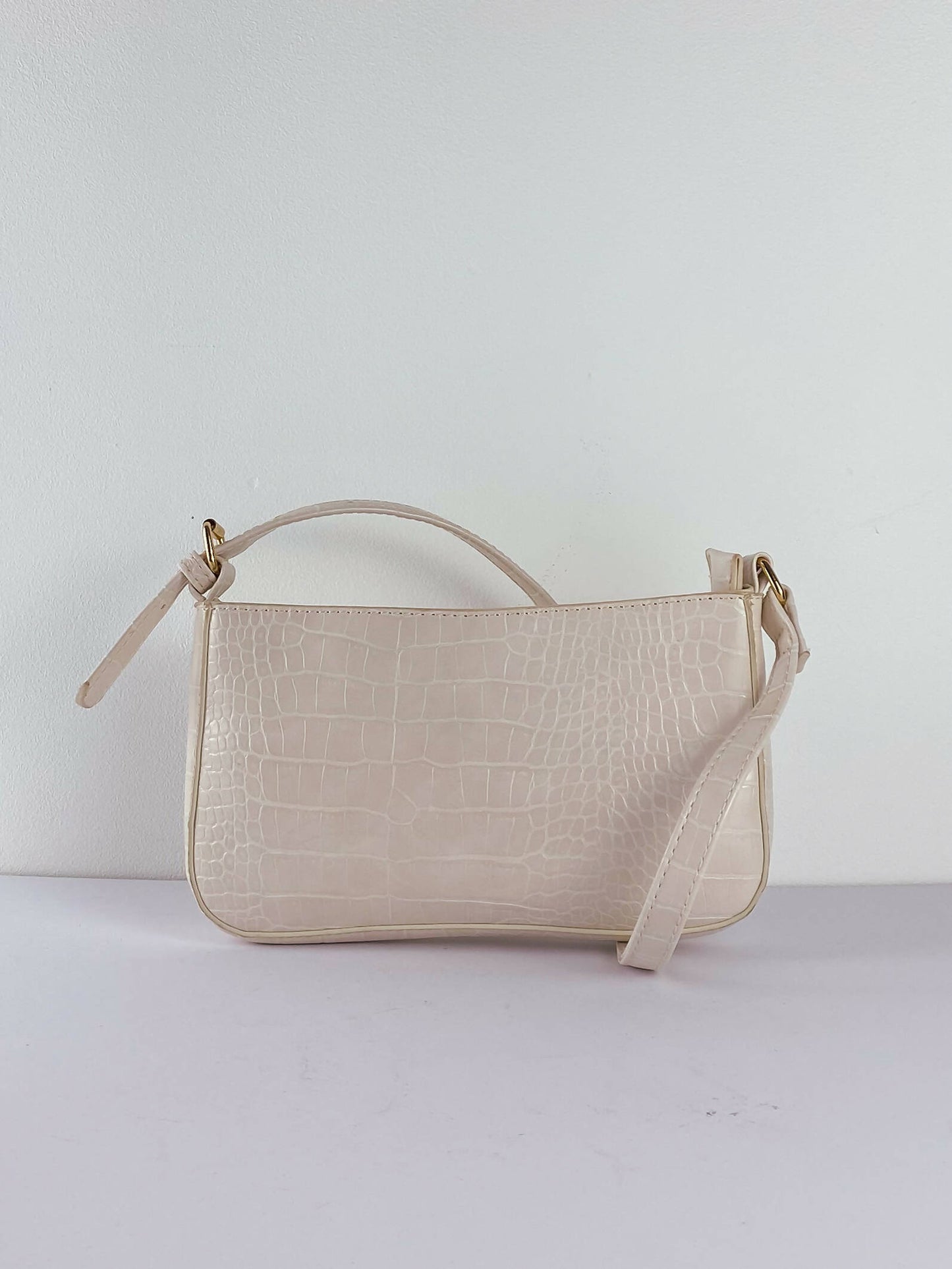 Cream Faux Croc-Effect Leather Bag