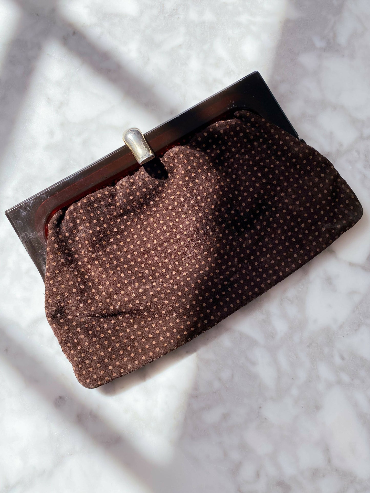 Chocolate-Brown Polka-Dot Suede Clutch