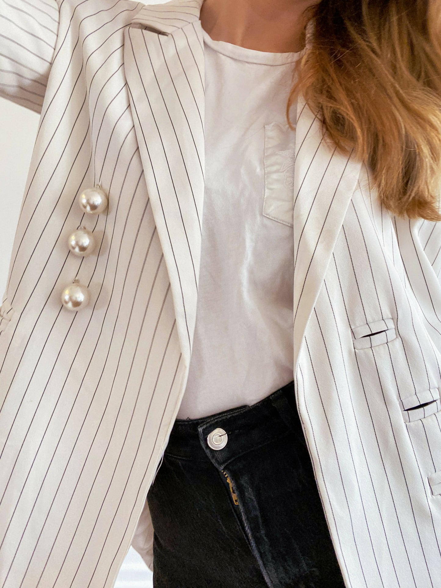 On Line Size Medium Striped Faux Pearl-Embellished Blazer