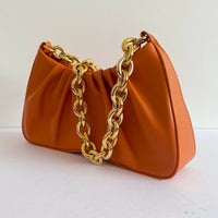 Chain Embellished Burnt-Orange Faux Leather Shoulder Bag