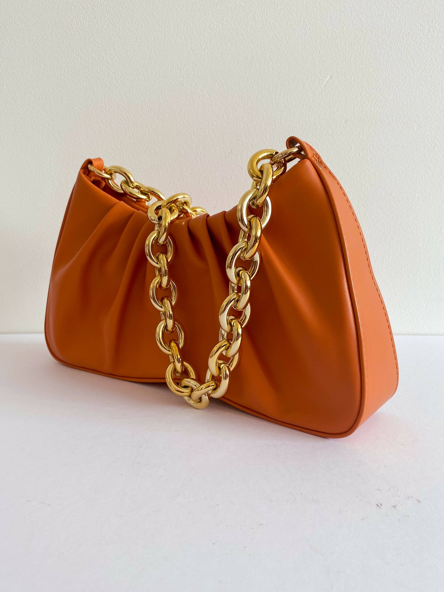 Chain Embellished Burnt-Orange Faux Leather Shoulder Bag