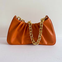 Chain Embellished Burnt-Orange Faux Leather Shoulder Bag