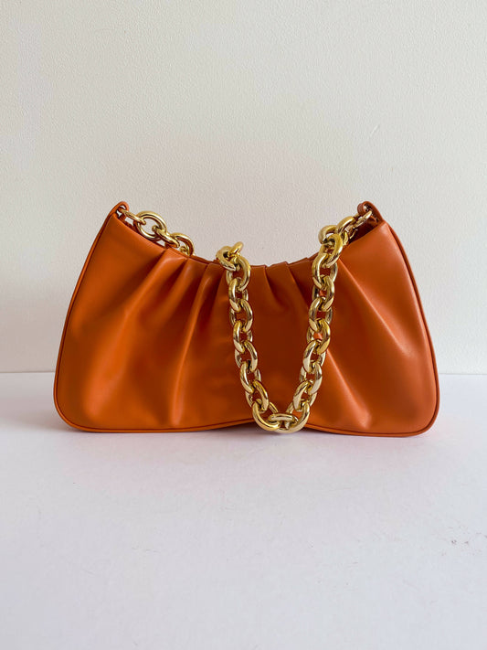 Chain Embellished Burnt-Orange Faux Leather Shoulder Bag