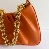 Chain Embellished Burnt-Orange Faux Leather Shoulder Bag