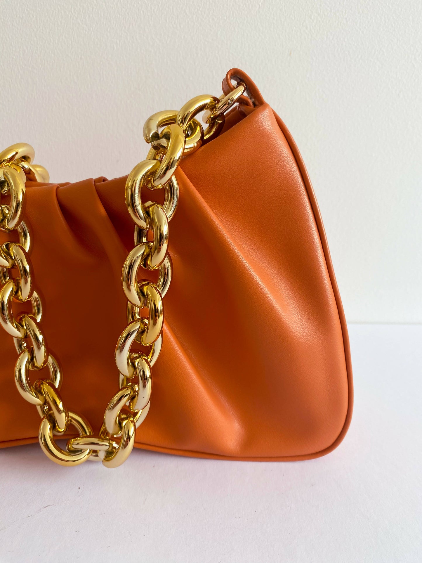 Chain Embellished Burnt-Orange Faux Leather Shoulder Bag