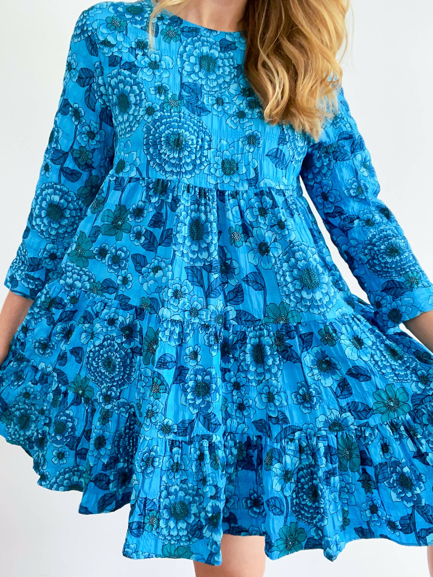 Zara Size M Tiered Blue Floral Dress