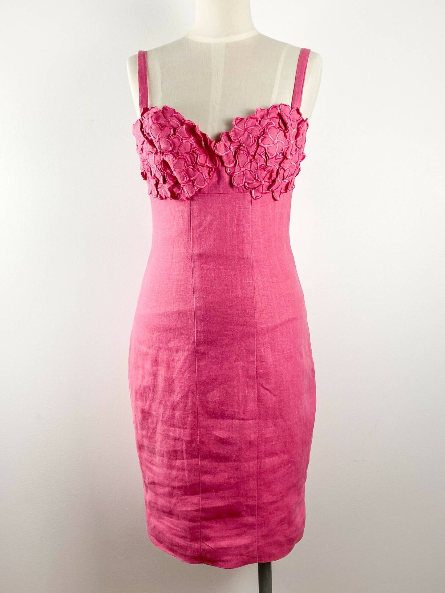 Teena Varigos Size 8 Pink Appliqué Linen Dress