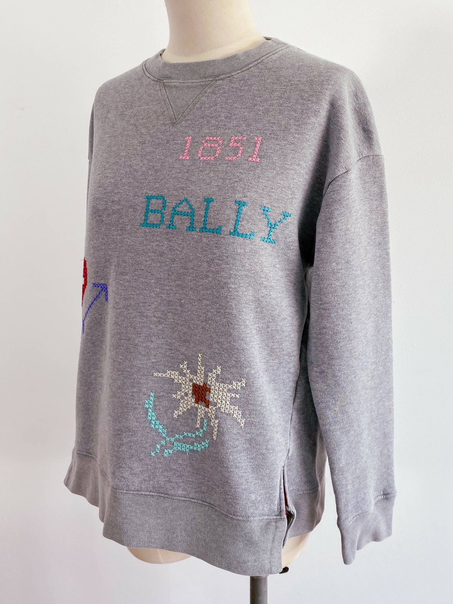 Bally Size 10 Cotton-Blend Grey-Marle Cross Stitch Sweater